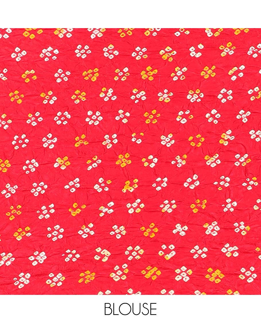 Borderless black dots enclosed big circle motifs bandhani silk saree, butta enclosed thick zari checked gharchola pallu