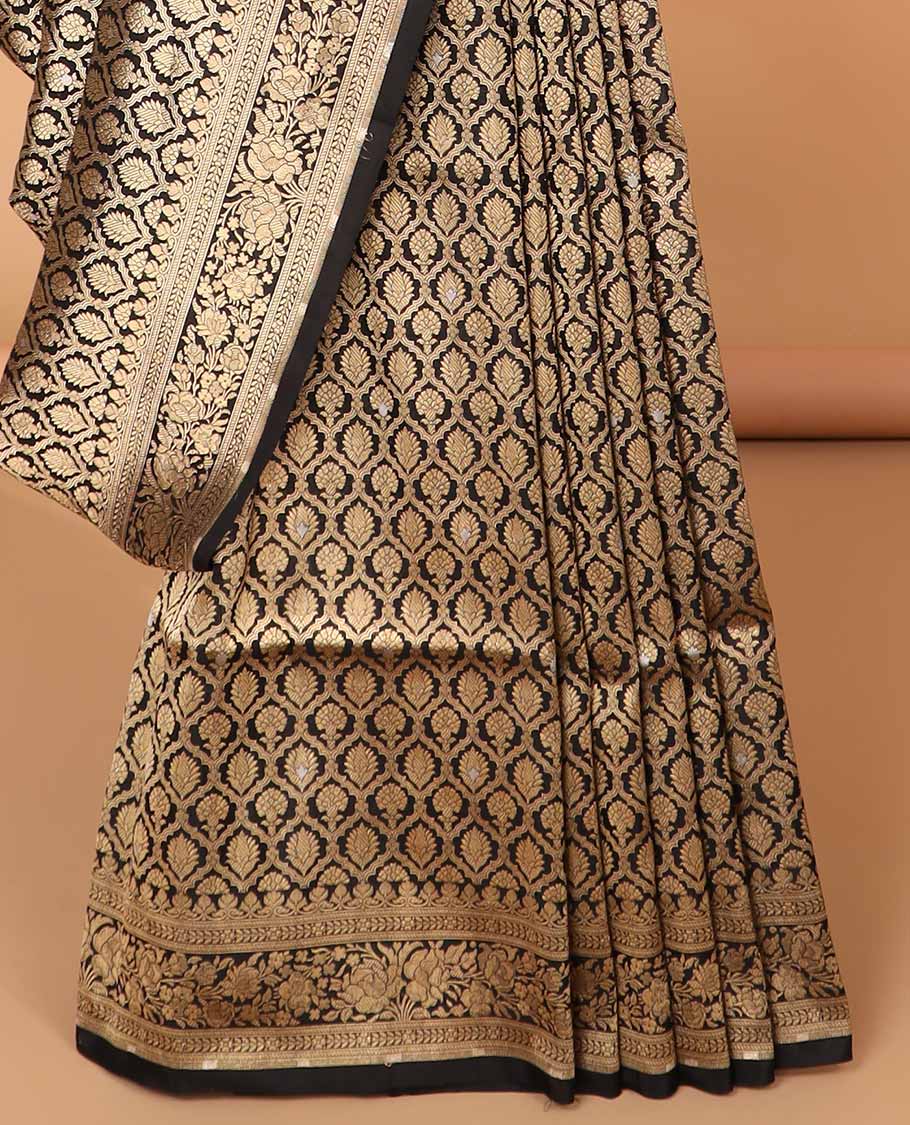 Black floral enclosed ogee design banaras silk saree with sef floral border & floral zari design pallu