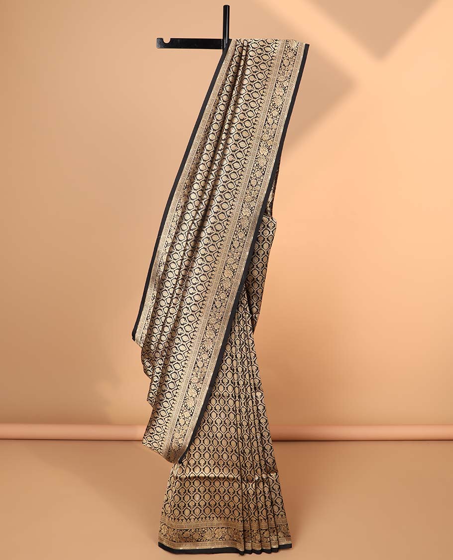 Black floral enclosed ogee design banaras silk saree with sef floral border & floral zari design pallu