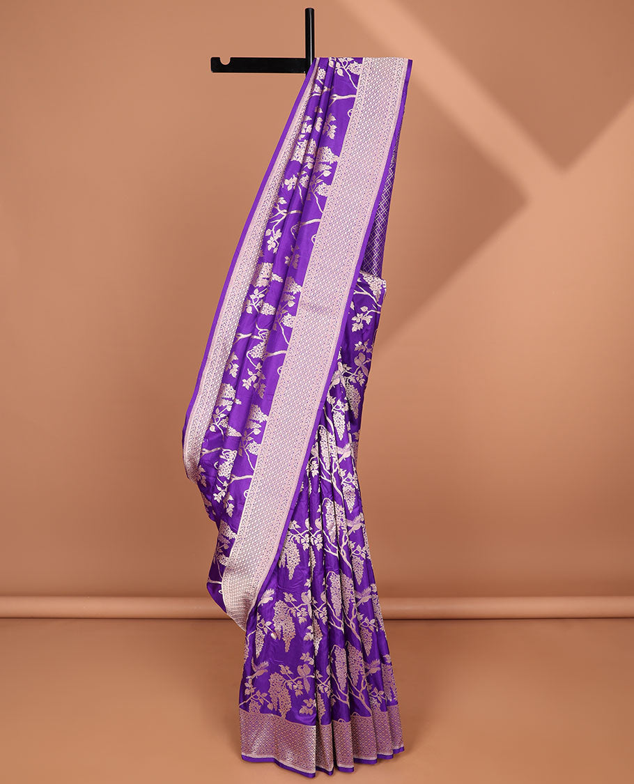 Purple floral jacquard banaras silk saree with self checked design border & intricate checked floral design pallu