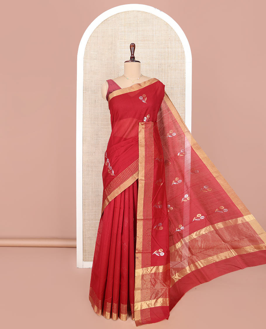 Red Chanderi Cotton Saree, Beautified with Floral Buttas All Over Its Body, Highlighted by a Zari Border, Pallu Steeped with Zari Stripes, and Paired with a Matching Blouse