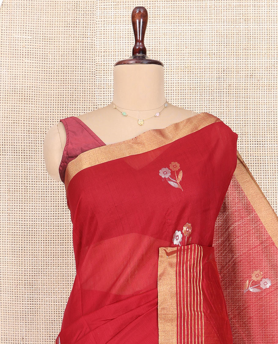 Red Chanderi Cotton Saree, Beautified with Floral Buttas All Over Its Body, Highlighted by a Zari Border, Pallu Steeped with Zari Stripes, and Paired with a Matching Blouse