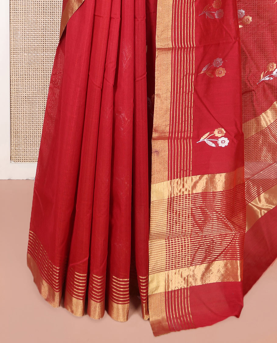 Red Chanderi Cotton Saree, Beautified with Floral Buttas All Over Its Body, Highlighted by a Zari Border, Pallu Steeped with Zari Stripes, and Paired with a Matching Blouse