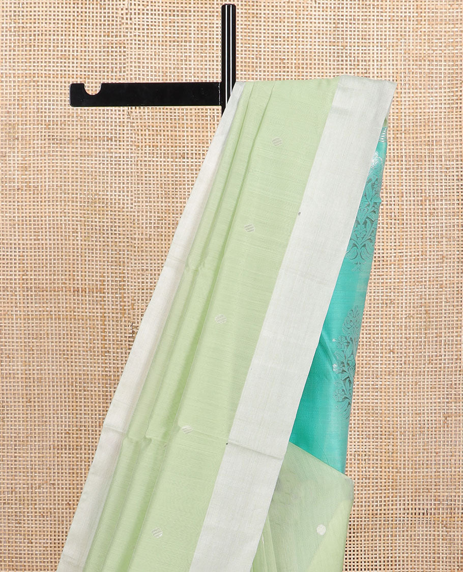 Mint green motifs chanderi cotton saree with self zari border & floral design pallu