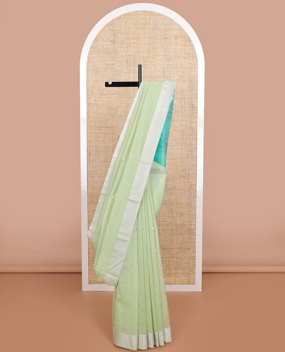 Mint green motifs chanderi cotton saree with self zari border & floral design pallu