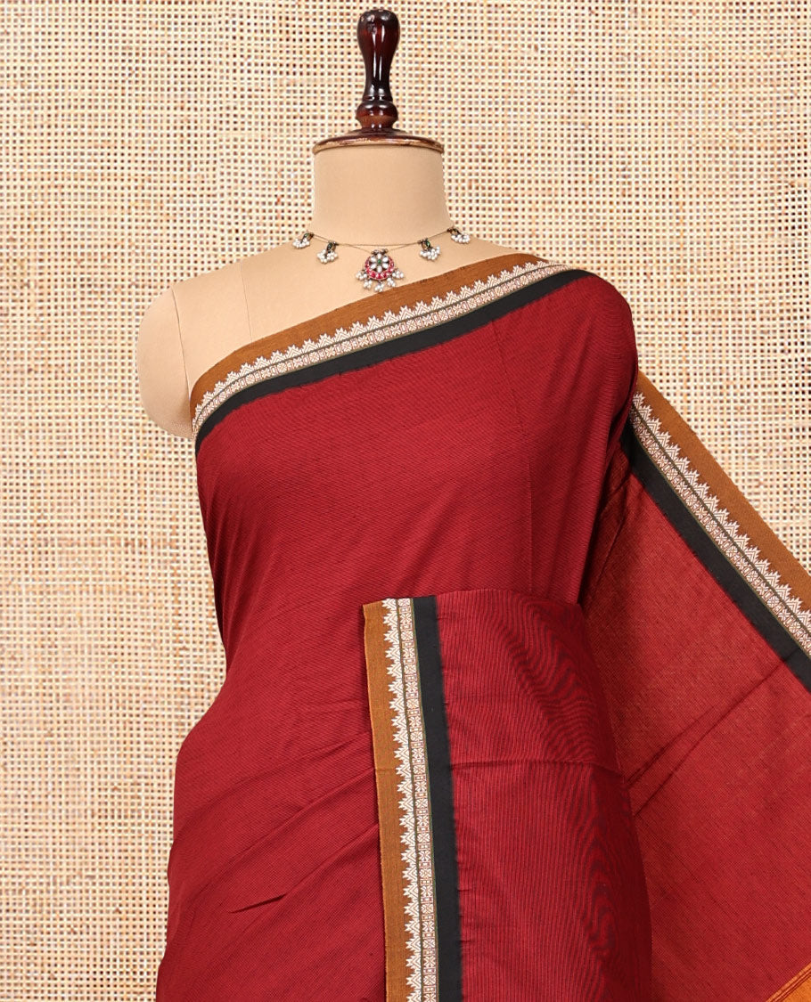 Red Plain Narayanpet Cotton Saree, Complemented by a Contrast Traditional Thread Border, Striped Pallu, and a Matching Blouse