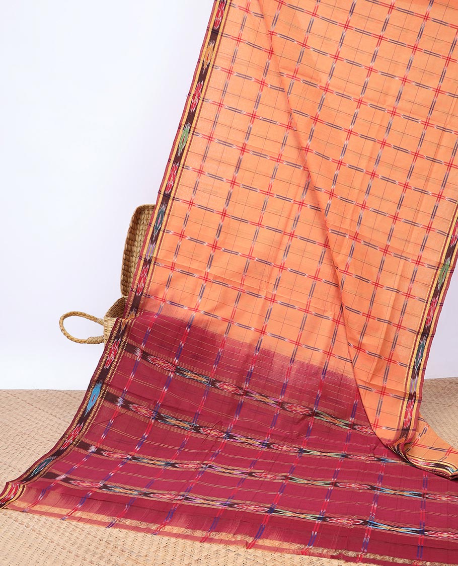 Peach checked Andhra cotton saree, contrast ikkat border & checked pallu of ikkat design