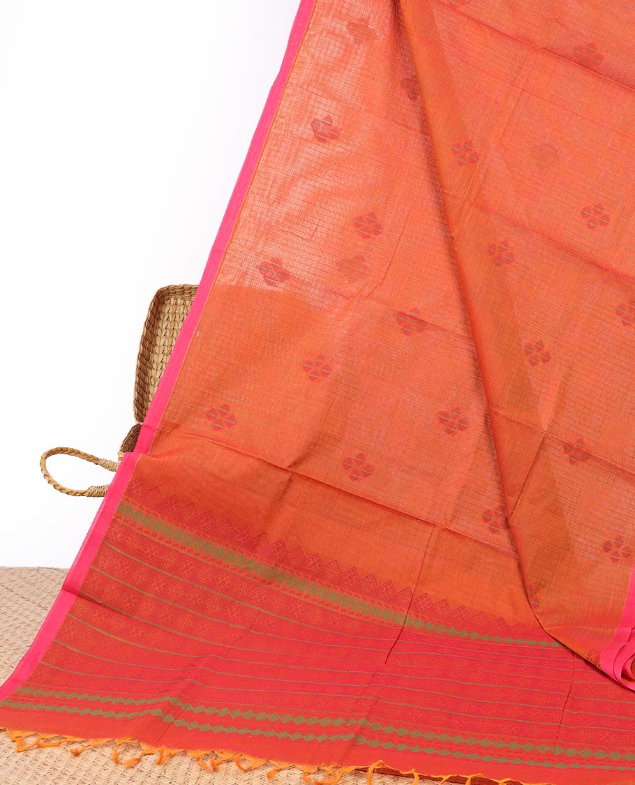 Orange checked Coimbatore cotton saree with buttas, contrast plain border & striped pallu