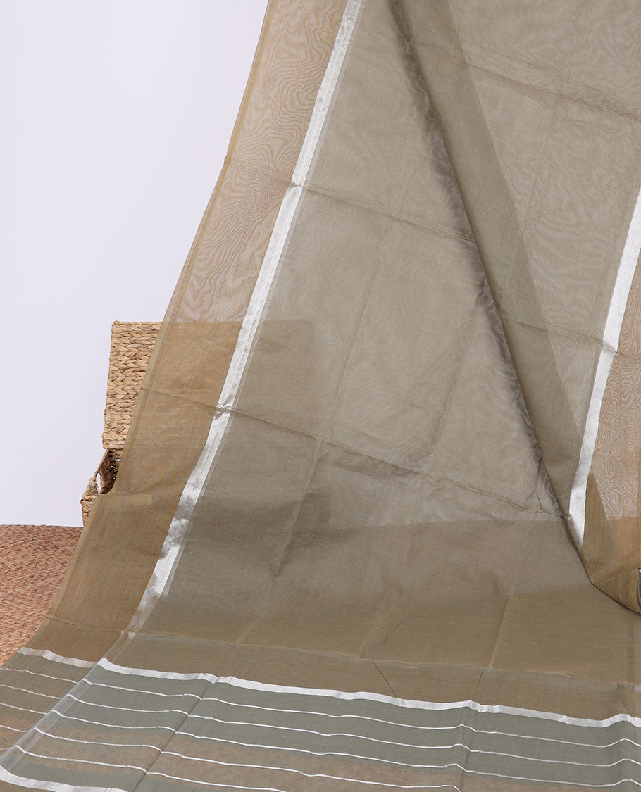 Grey venkatagiri cotton saree with self zari border & striped pallu