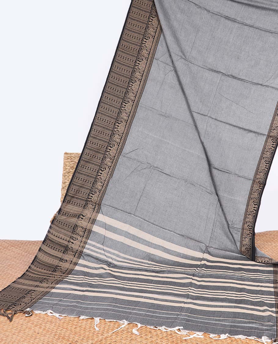 Grey narayanapet cotton saree with contrast elephant motifs border & striped pallu