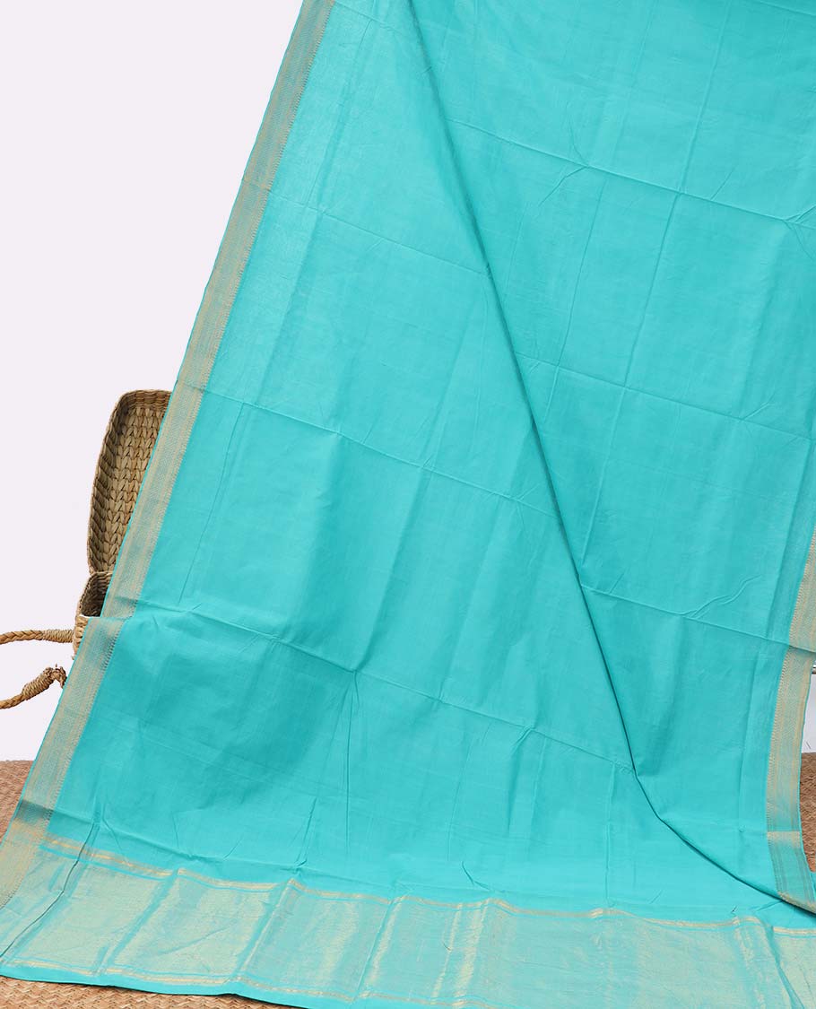 Turquoise mangalgiri cotton saree with self zari design border & striped zari design pallu