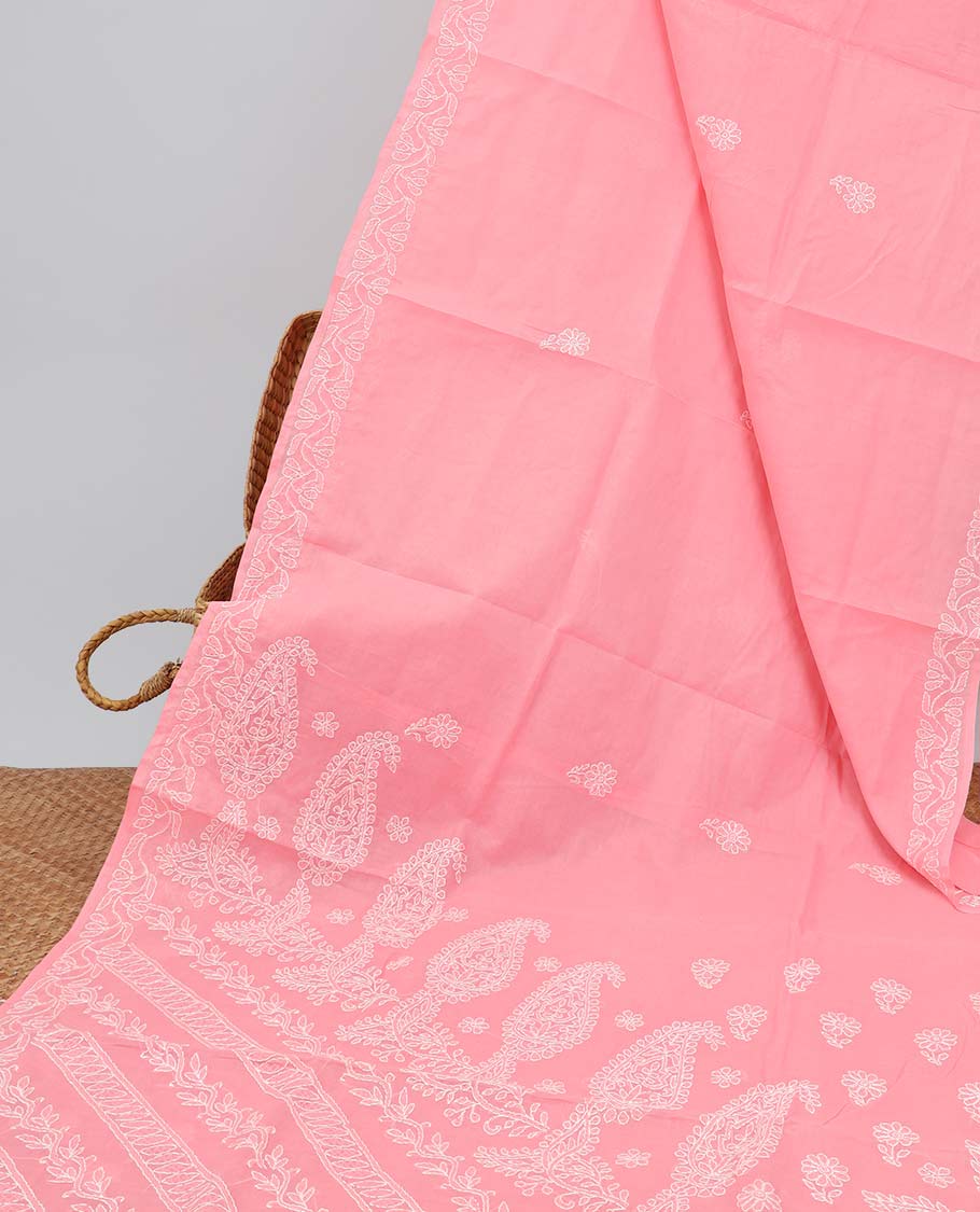Light pink floral thread embroidery chikankari cotton saree with self embroidery border with floral design embroidery pallu