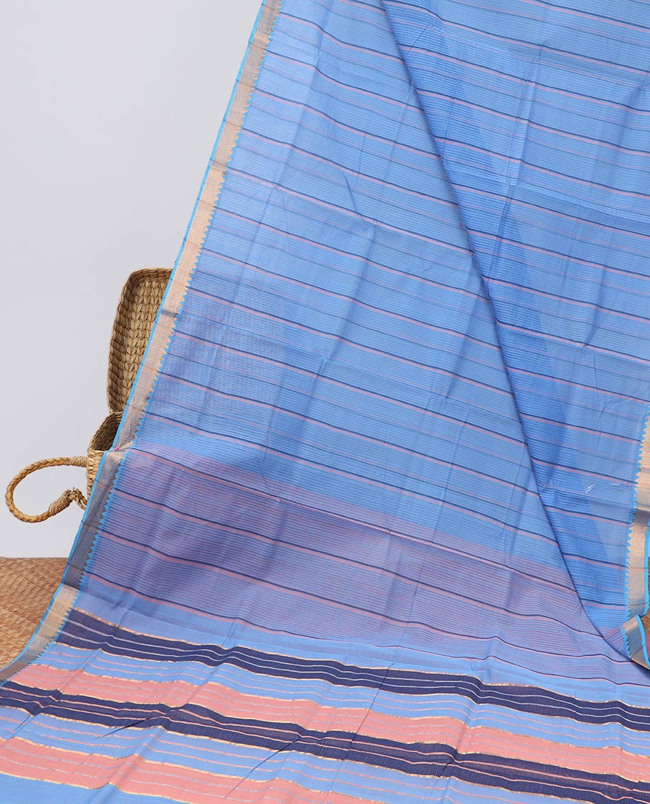 Blue striped mangalagiri cotton saree with contrast temple zari border & striped pallu