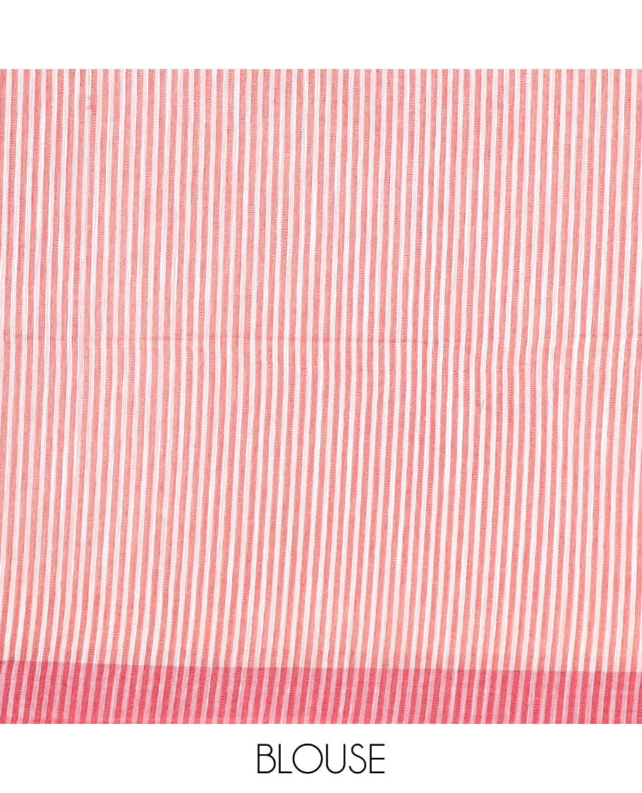 Light sandal and pink jute cotton saree, striped border, and striped pallu