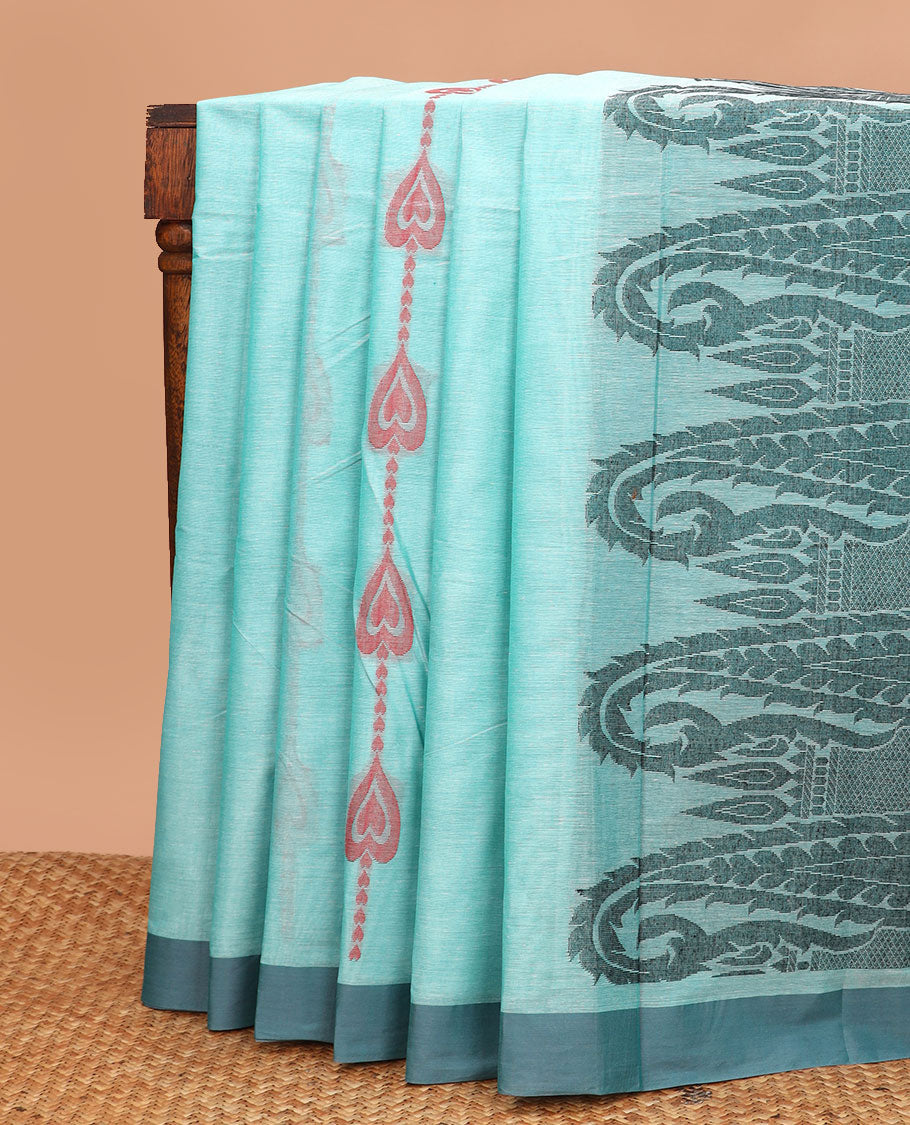 Blue dotted heart line Kanchi cotton saree, contrast plain border, and pallu of paisleys