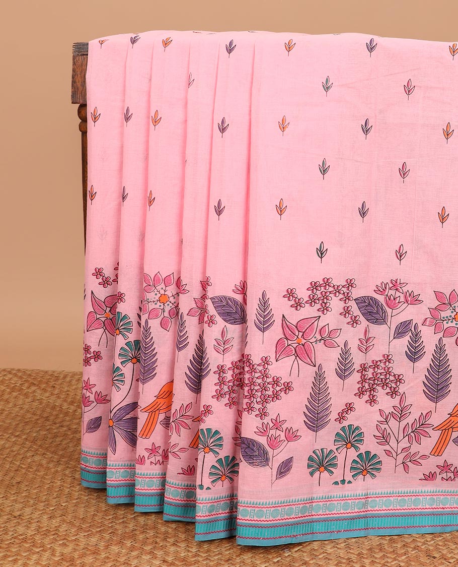 Pink tropical floral and bird printed Chirala cotton saree, contrast border, an pallu of stripes and buttas