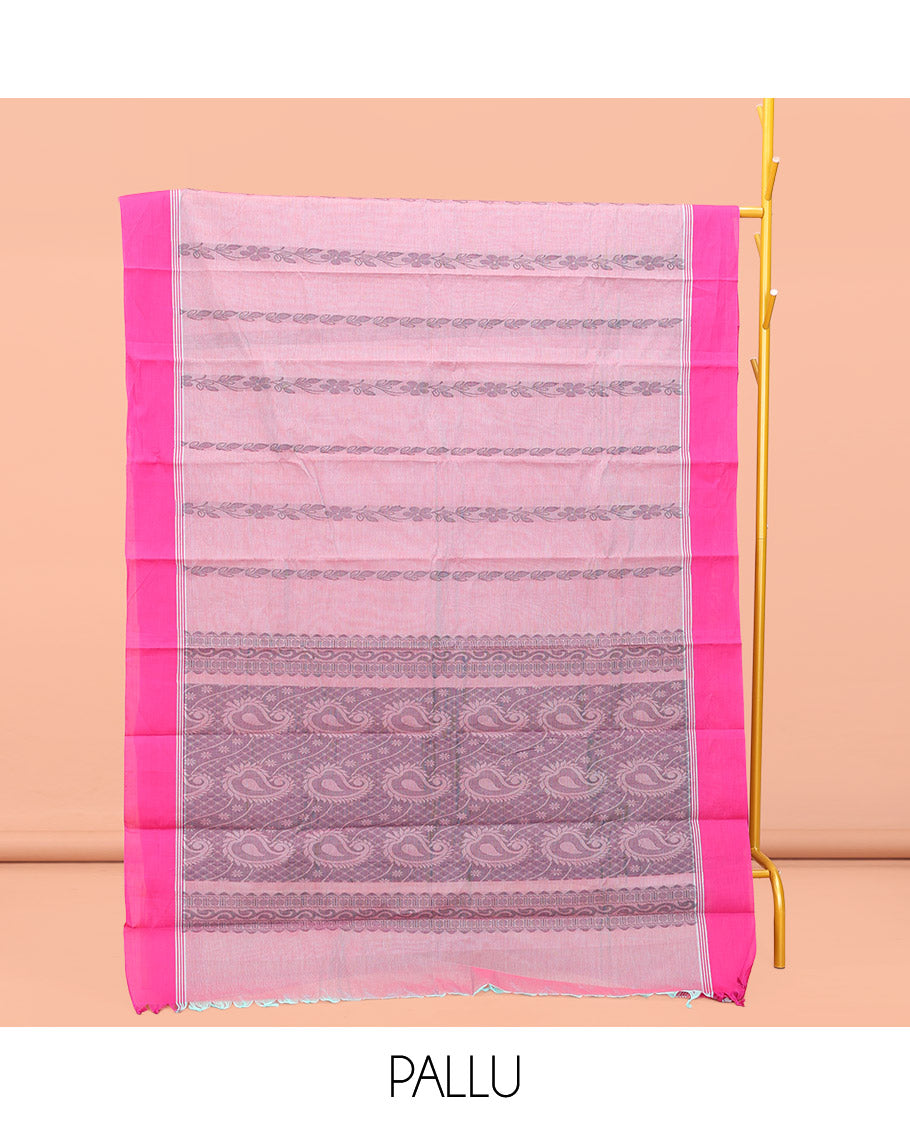 Pale Pink Kanchi Cotton Saree, Adorned with Floral Creeper Design All Over Its Body, a Complemented by Contrast Border, Pallu of Paisley Designs, and Paired with a Matching Blouse