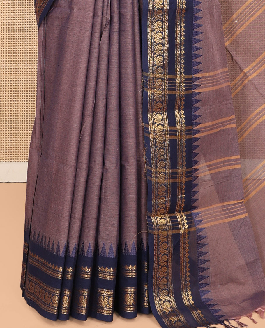 Brown Plain Chettinad Cotton Saree, Enriched by a Contrast Traditional Temple Rettai Pettu Peacock Border, a Striped Pallu and a Matching Blouse