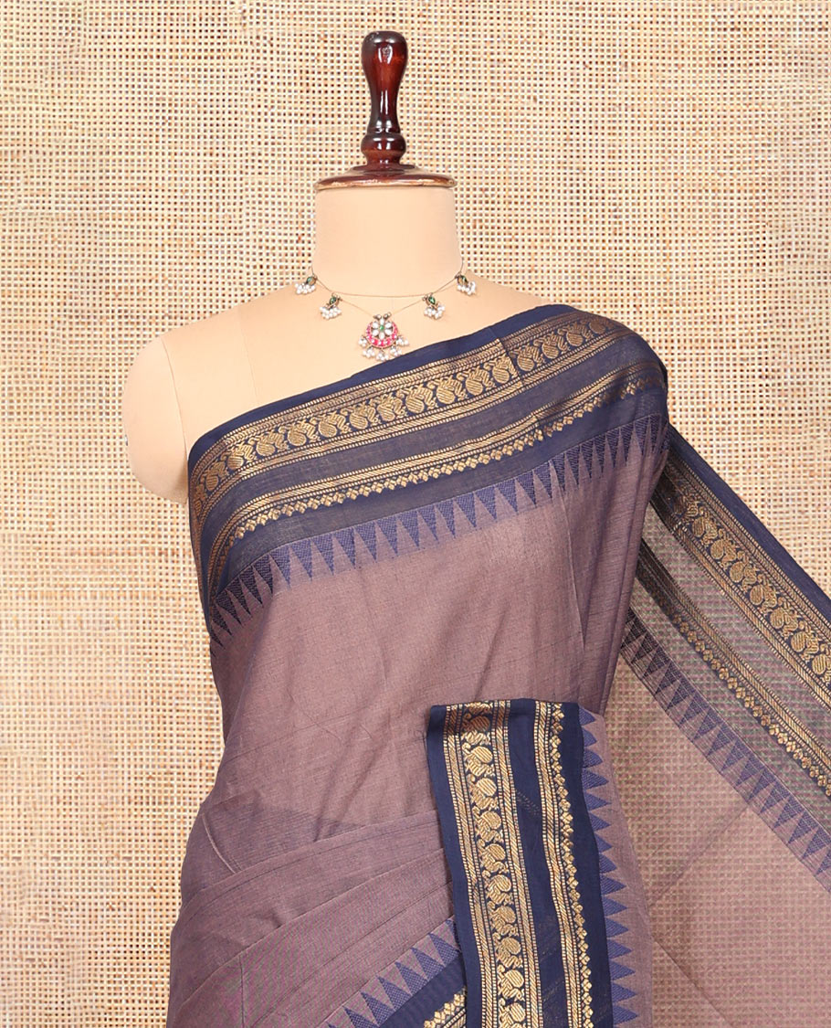 Brown Plain Chettinad Cotton Saree, Enriched by a Contrast Traditional Temple Rettai Pettu Peacock Border, a Striped Pallu and a Matching Blouse