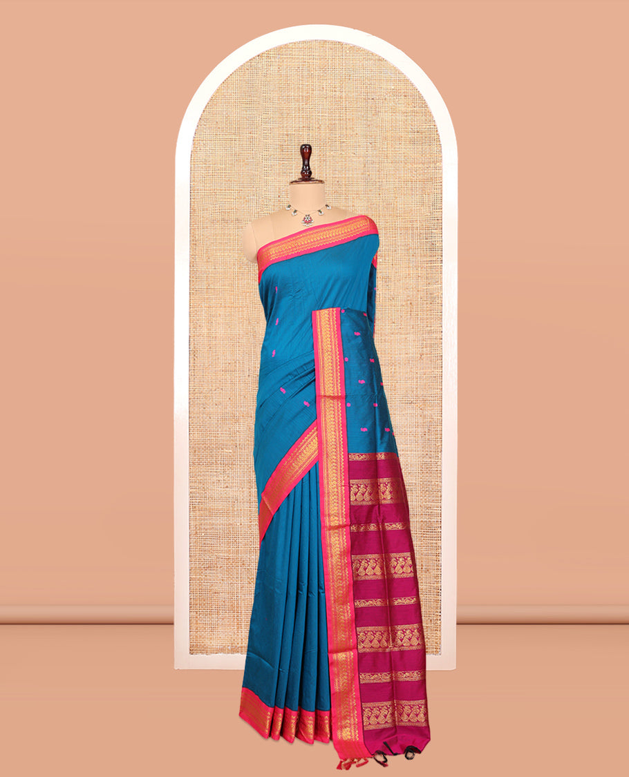 Blue Kalyani Cotton Saree, Woven with Thread Buttas, Complemented by a Contrast Traditional Border, Traditional Pallu, and a Contrast Blouse