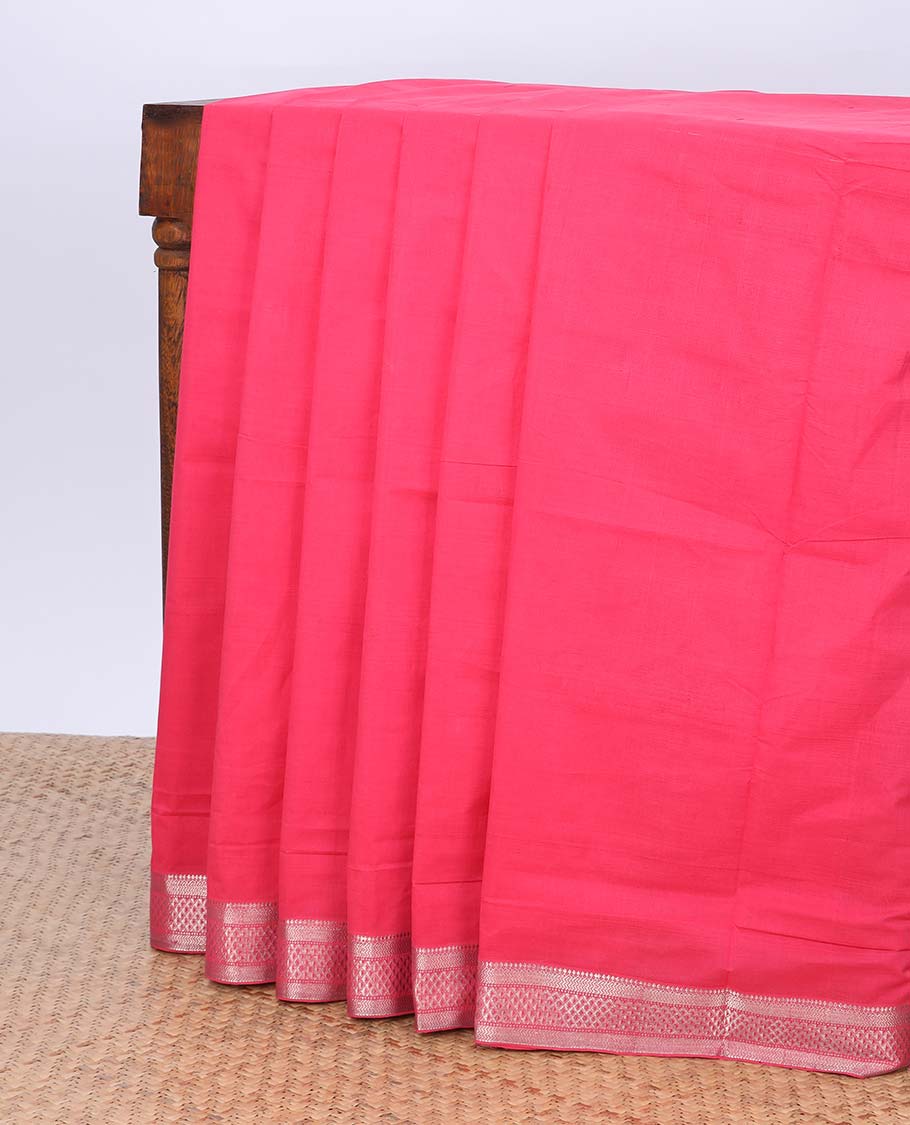 Pink mangalgiri cotton saree with self zari design border & striped pallu