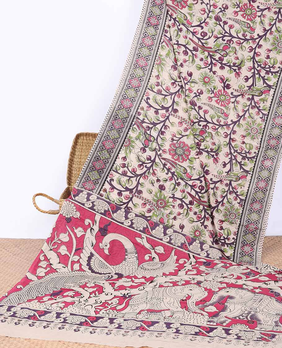 Cream floral vine design machine-printed kalamkari saree with contrast geometric design border & animal design pallu