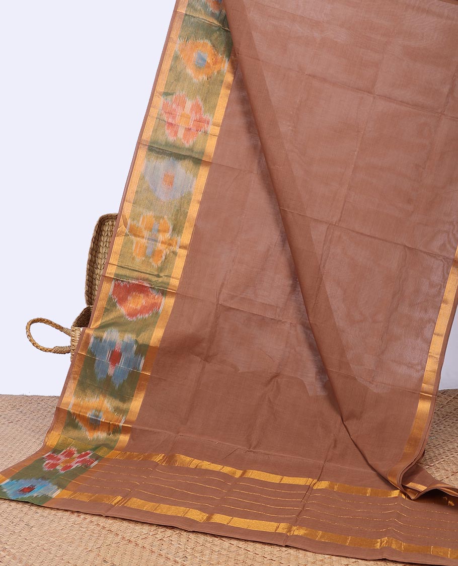 Brown plain venkatagiri cotton saree with self floral design border & striped pallu