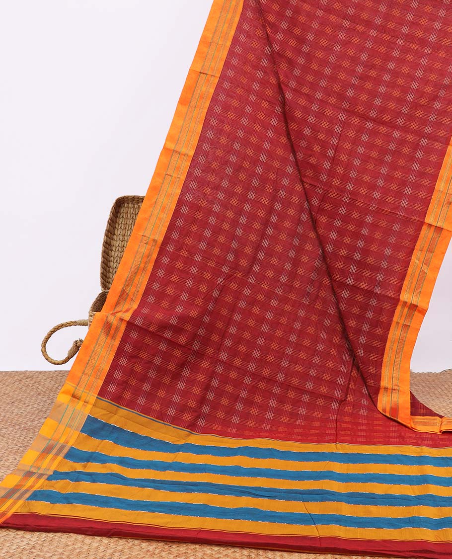 Red checked narayanapet cotton saree with contrast striped border & pallu of stripes