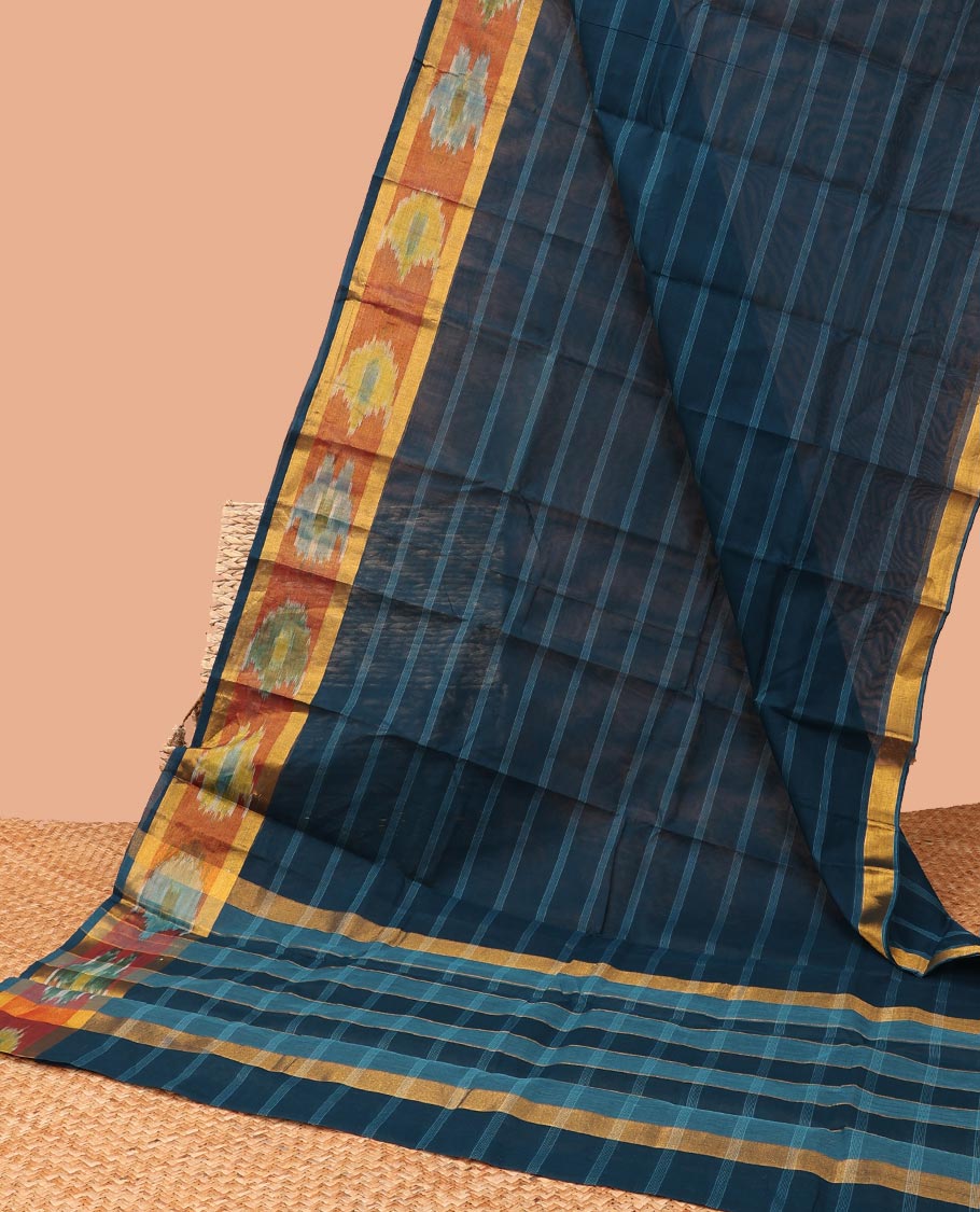 Blue striped chirla cottton saree with contrast floral design border & checked pallu