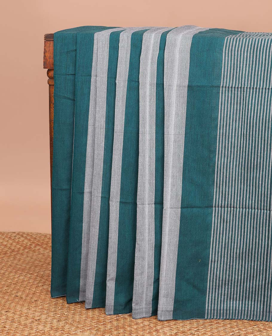 Borderless Grey with green striped khadi cotton saree