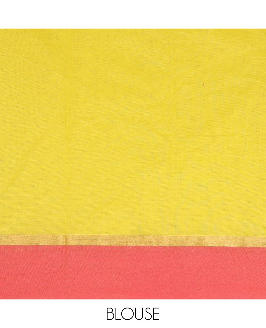 Lemon yellow motifs kanchi cotton saree with contrast border & floral design pallu