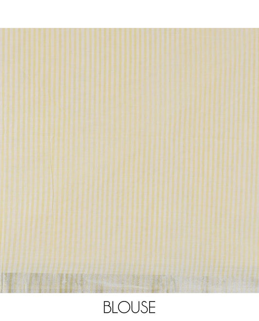 Yellow and white color vertically striped jute cotton saree, zari self-border, and striped pallu