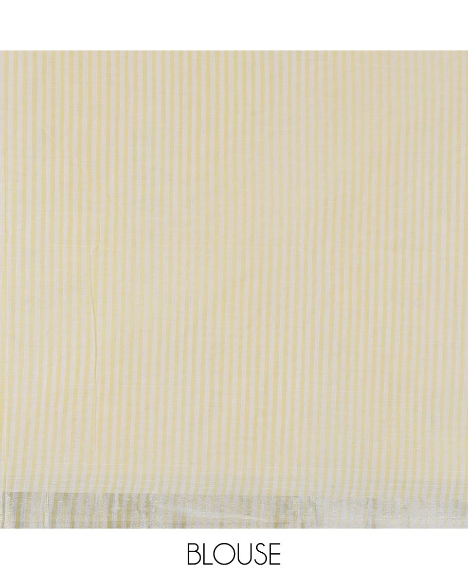 Yellow and white color vertically striped jute cotton saree, zari self-border, and striped pallu