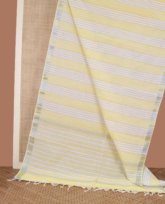 Yellow and white color vertically striped jute cotton saree, zari self-border, and striped pallu