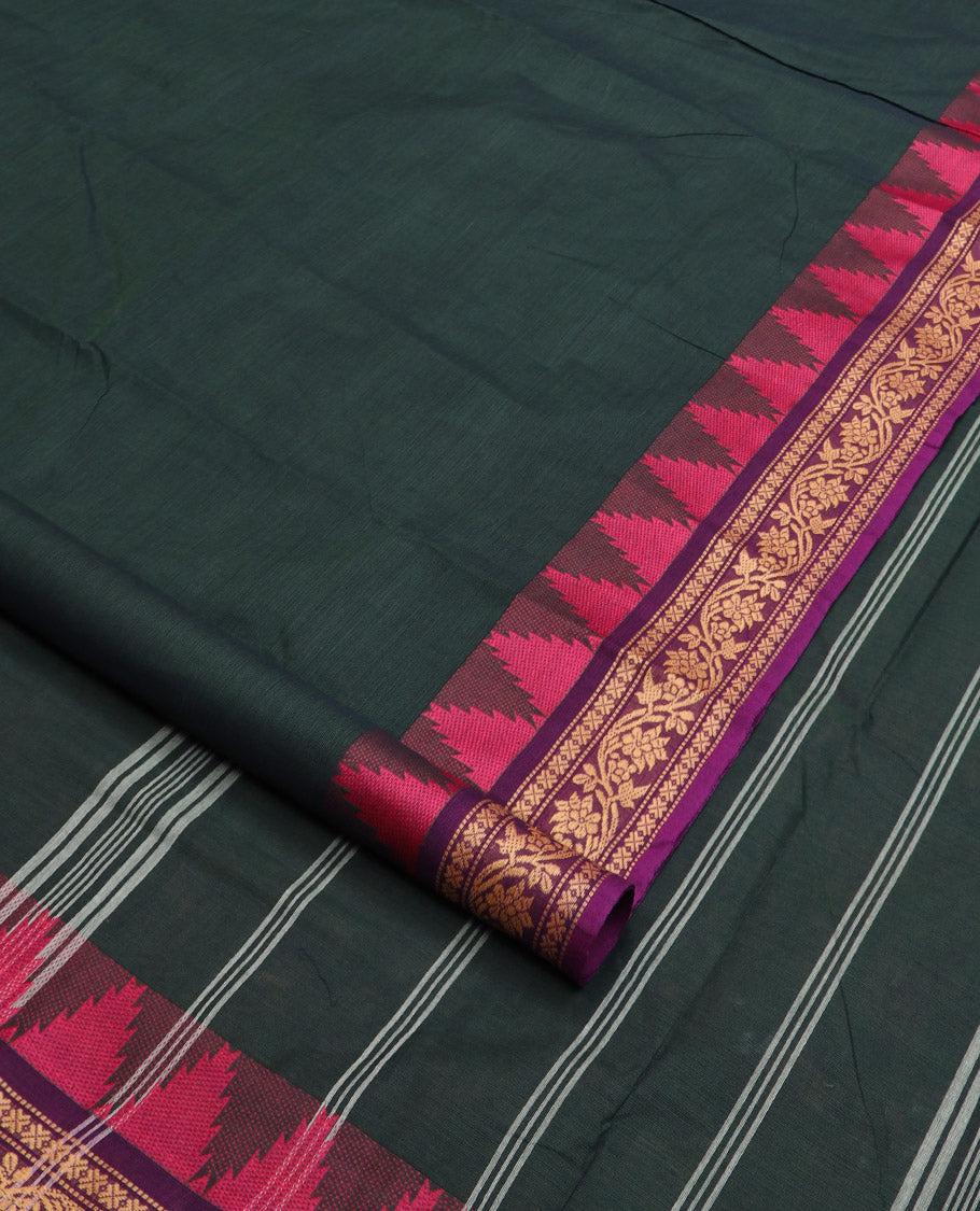 Deep green plain nine-yard cotton saree, contrast traditional temple border, and striped pallu