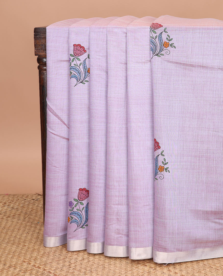 Lavender floral buttas printed chirala cotton saree, bavanji border, and contrast floral print pallu