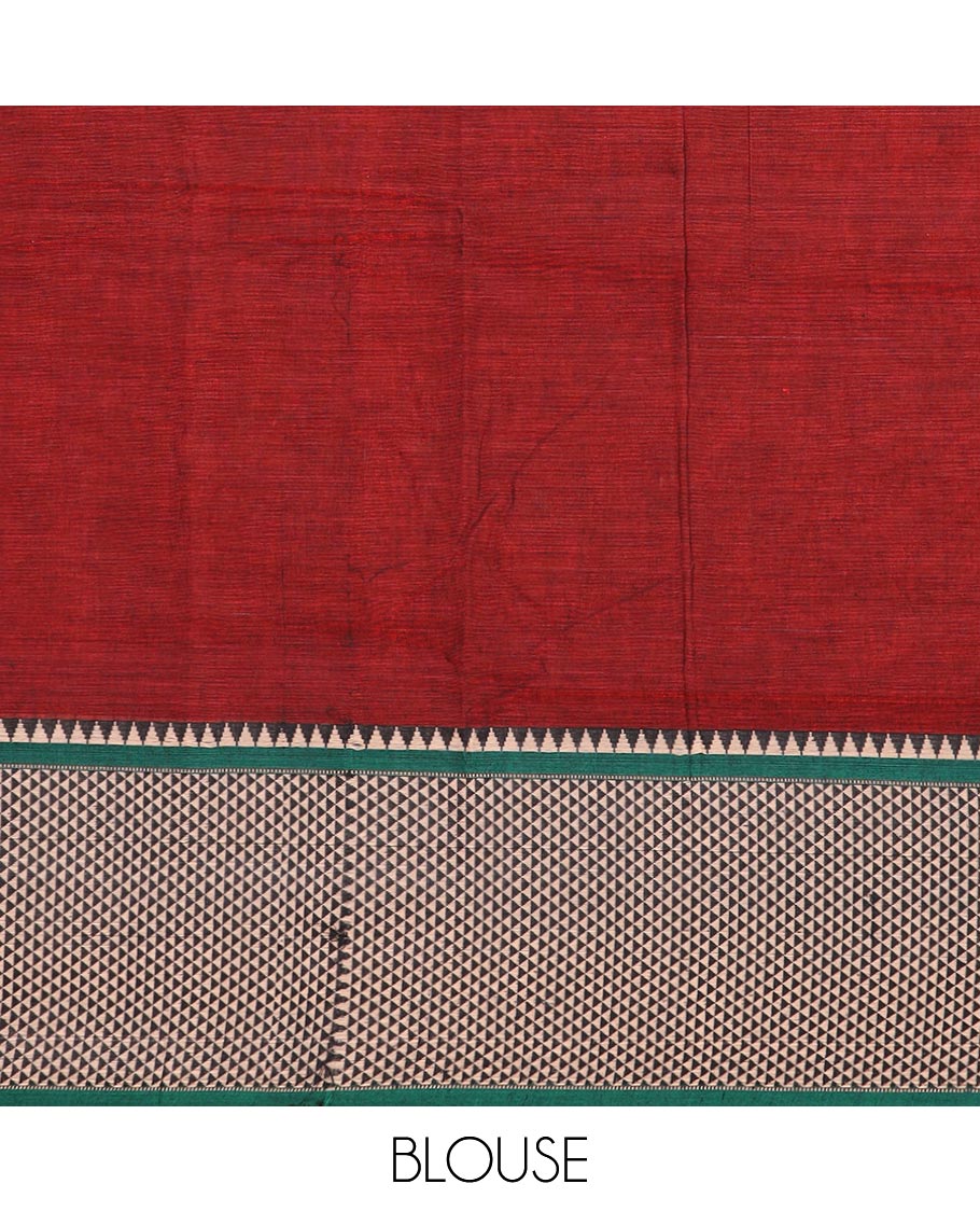 Maroon plain Narayanapet cotton saree, contrast temple ara maadam border, and striped pallu