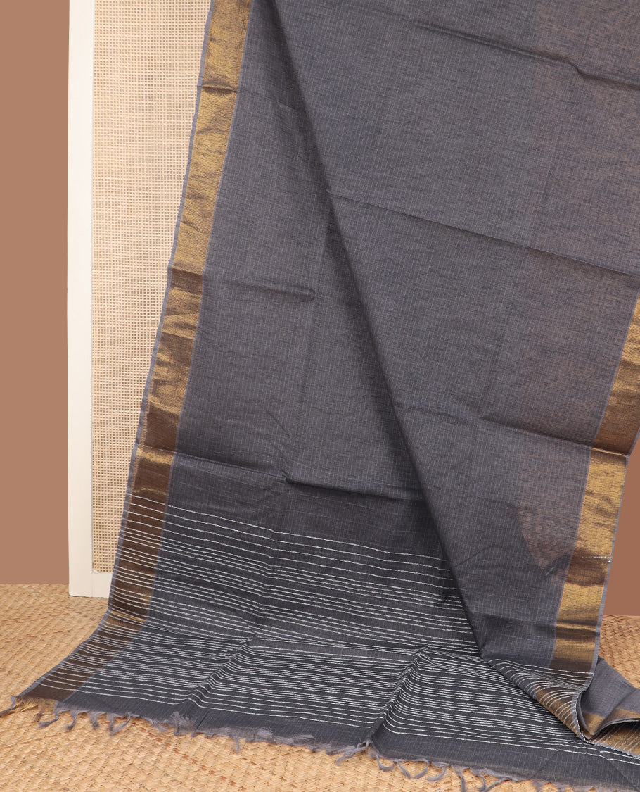 Elephant grey sparesly striped jute cotton saree, bavanji border, and striped pallu
