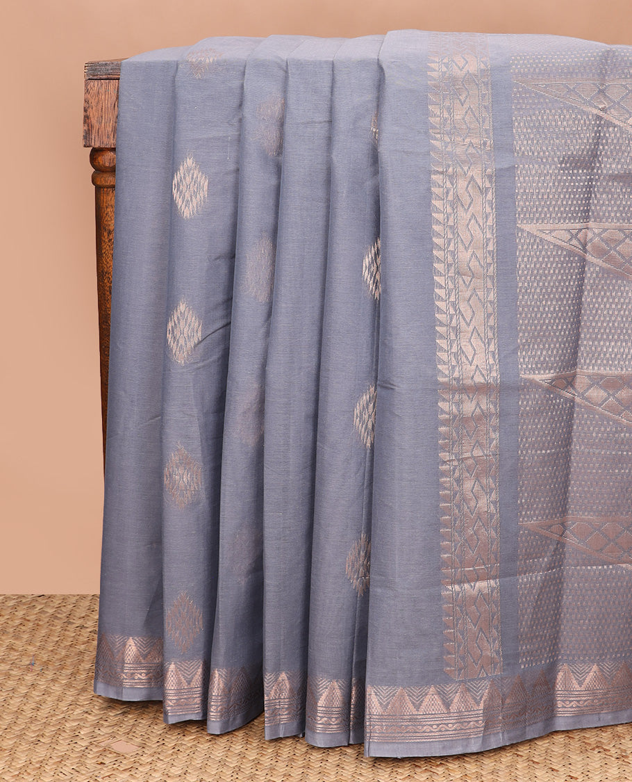 Grey zari buttas Coimbatore Cotton saree, traditional zari border, and pallu of geometric zari designs