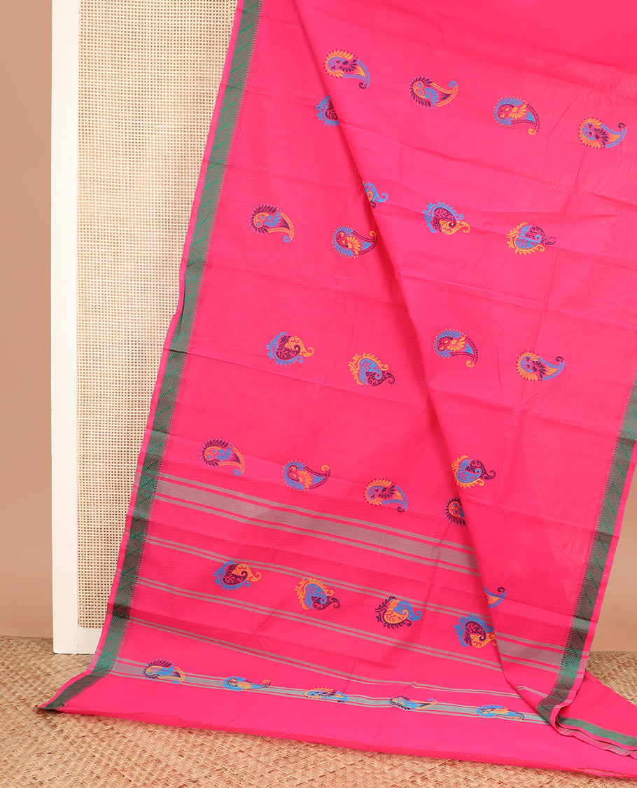 Pink paisley buttas Chettinad cotton saree, traditional design border, and striped pallu