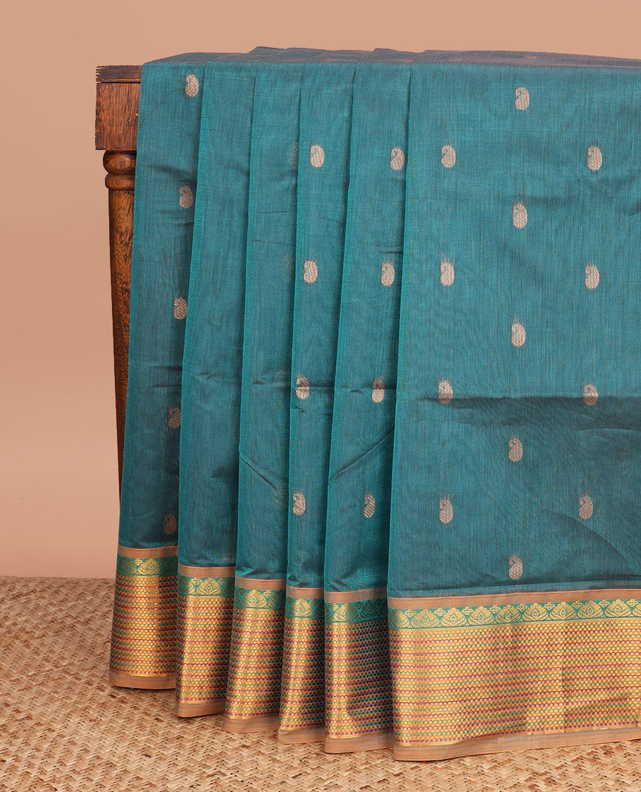 Blue paisley buttas Venkatagiri cotton saree, contrast traditional zari design border, and zari striped pallu