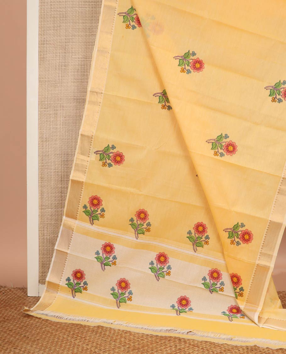 Yellow floral motifs printed chirala cotton saree, contrast temple zari border, and pallu of floral motifs print