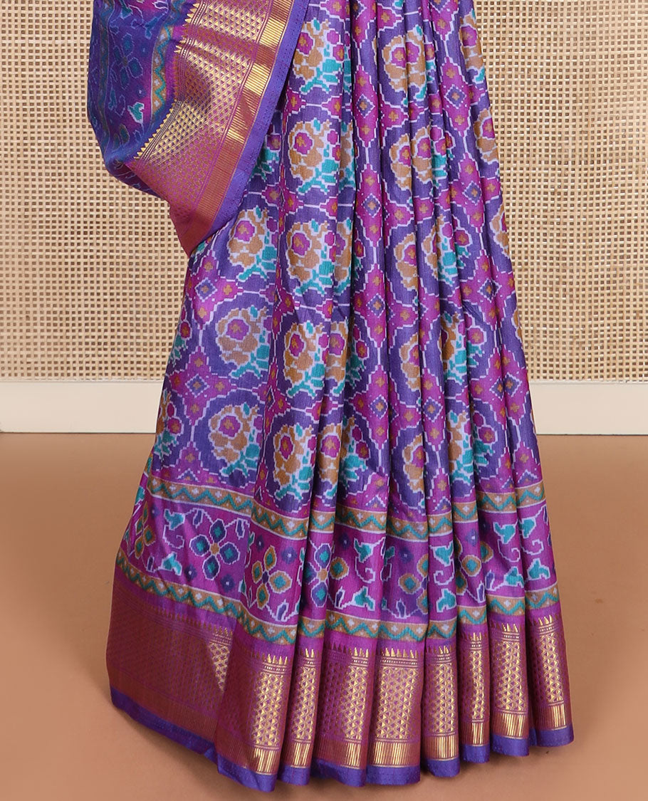 Violet ikkat design semi-banaras patola silk saree, traditional zari design border, and ikkat design pallu
