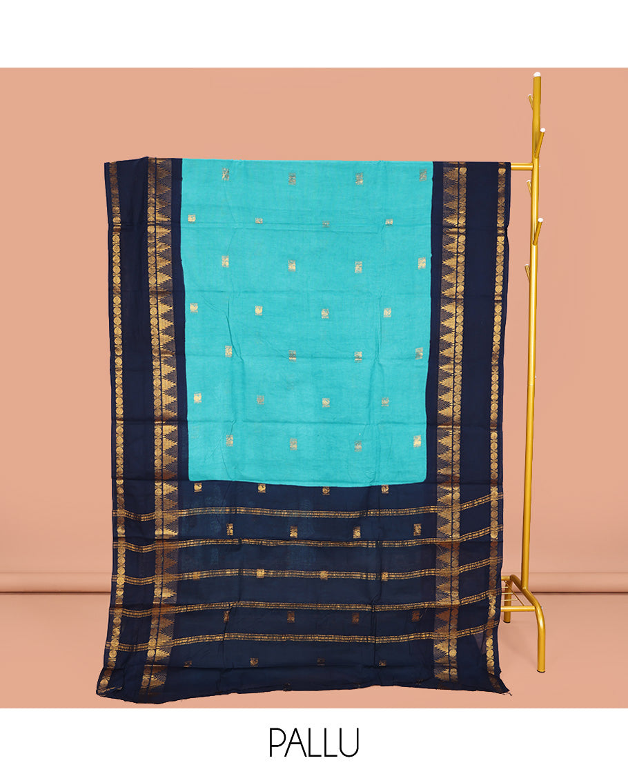 Blue Sungudi Cotton Saree, Elevated with Zari Buttas on Its Body, Complemented by a Contrast Retttai Pettu Traditional Zari Design Border, Zari-Striped Pallu, and Paired with a Contrast Blouse
