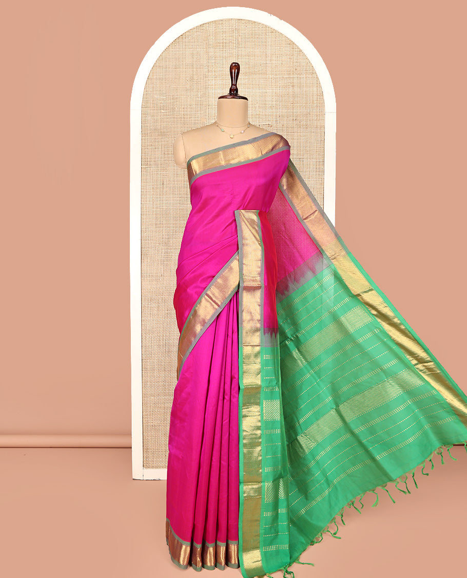 Pink Plain Poly Cotton Saree, Complemented by Contrast Zari Border, Zari Design Pallu, and Paired with a Contrast Blouse