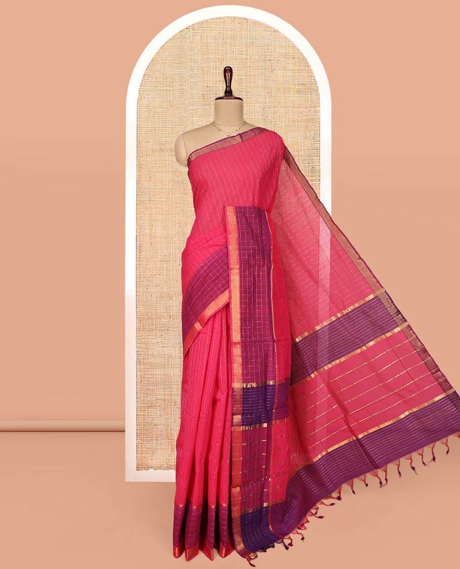 Pink Mangalgiri Cotton Saree, Sparsely Woven with Stripes on Its Body, Complemented by Contrast Zari Temple Checked Border, Zari-Striped Pallu, and Paired with a Contrast Blouse