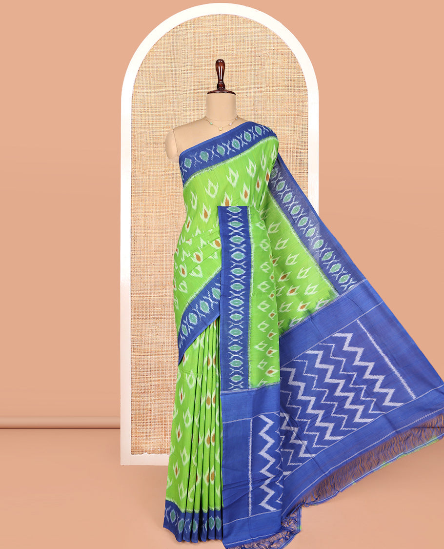 Green Ikkat Cotton Saree, Decked Up with Ikkat Buttas All Over Its Body, Complemented by Contrast Ikkat-Textured Border, Ikkat-Textured Chevron Striped Pallu, and Has No Blouse