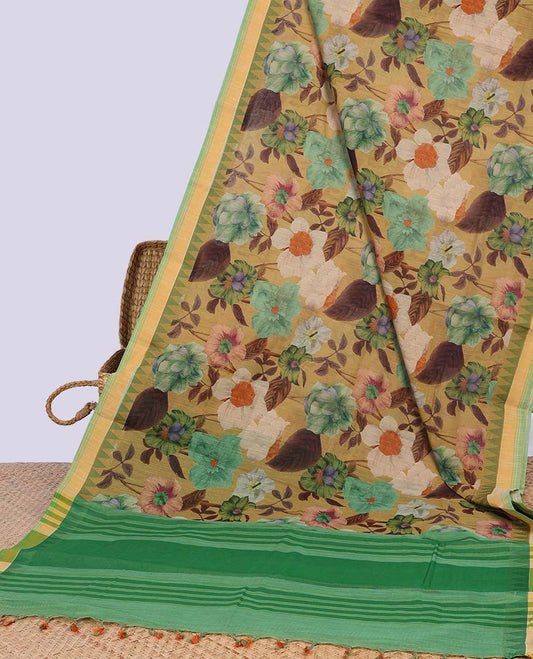 Yellow floral printed chirala cotton saree with contrast temple deign border & striped pallu