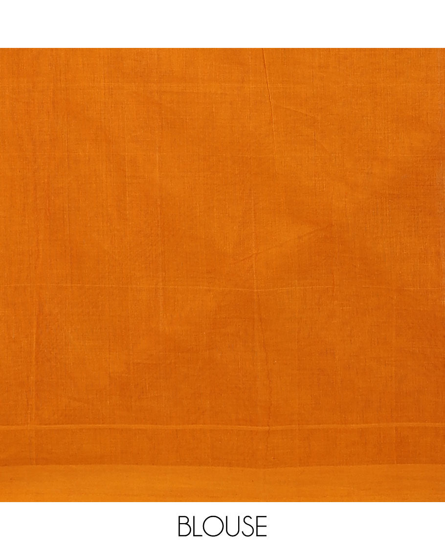 Red buttas kanchi cotton saree, contrast plain border & pallu steeped with leaf motifs