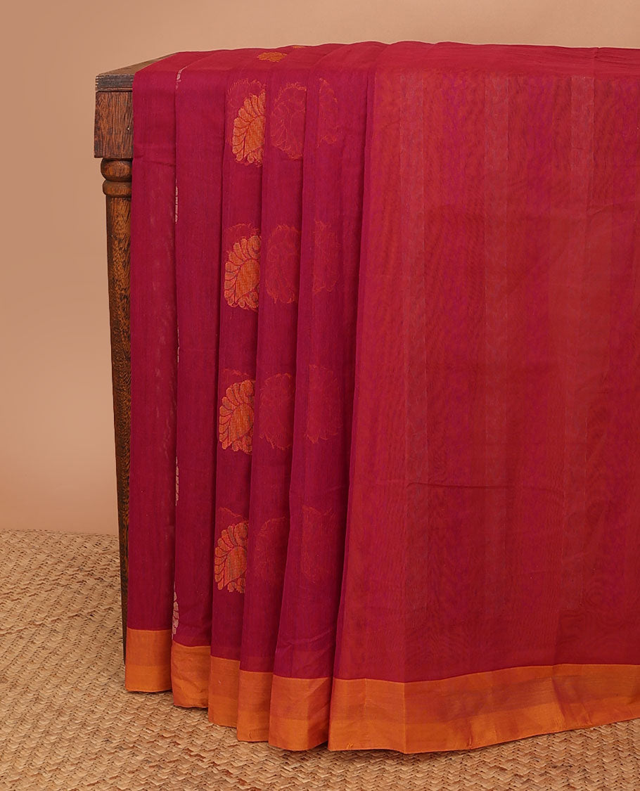 Red buttas kanchi cotton saree, contrast plain border & pallu steeped with leaf motifs